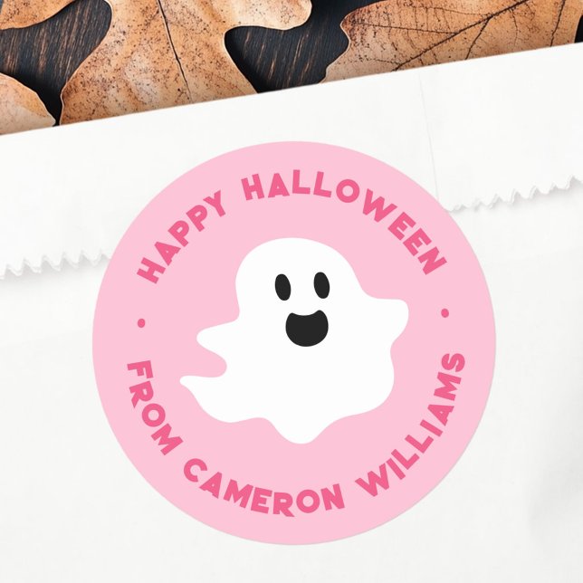 Adesivo Fantasma Feliz Feliz Dia das Bruxas, rosa (Spooky ghost Happy Halloween greeting pink Classic Round Sticker)