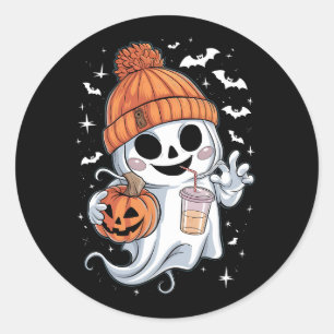 Adesivo Fantasma Fofo Bebendo Café Halloween Café Gelado