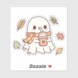 Adesivo Fantasma Fofo Bebendo Pumpkin Spice Latte Outono