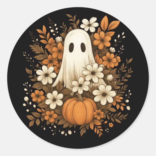 Adesivo Fantasma Fofo Com Abóbora E Flores De Outono – Hal (Frente)