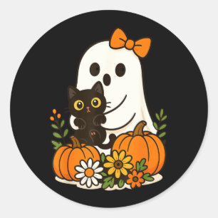 Adesivo Fantasma Fofo Segurando Gato Preto Floral Groovy