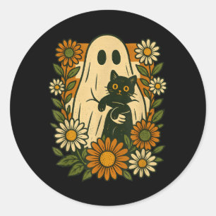 Adesivo Fantasma Fofo Segurando Gato Preto Floral Groovy D