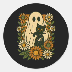 Adesivo Fantasma Fofo Segurando Gato Preto Floral Groovy E