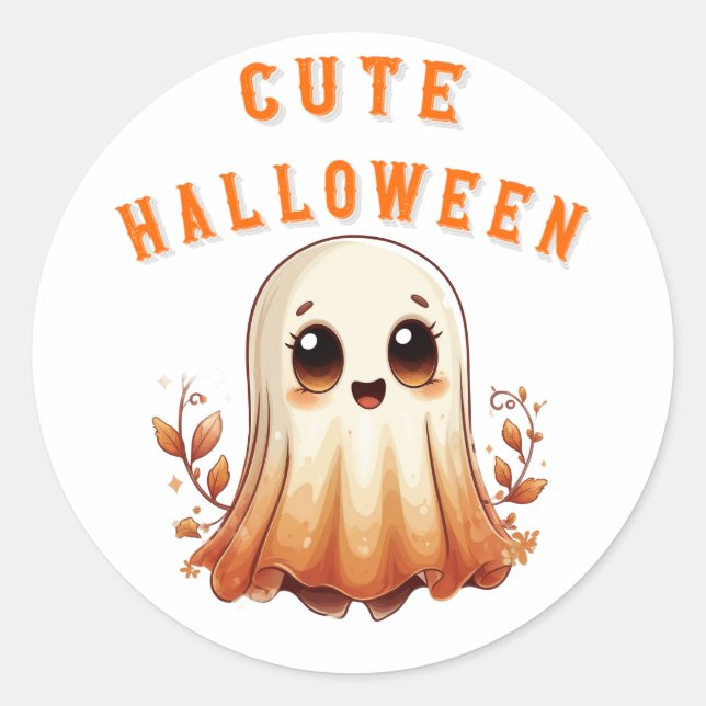 Adesivo Fantasma Kawaii Fofo Com Folhas de Outono Hallowee (Frente)