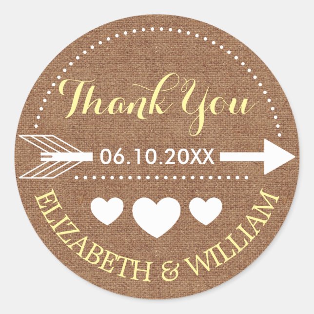 Adesivo Faux Burlap & Yellow Wedding Obrigado Arrow Heart (Frente)