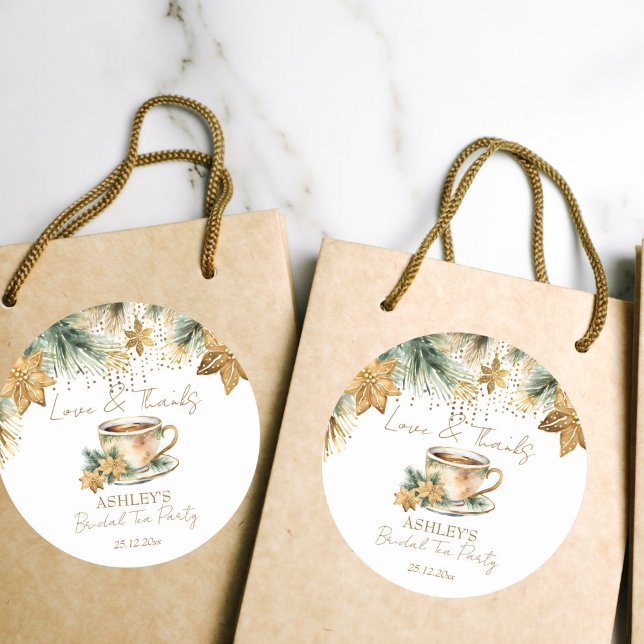 Adesivo Favo de chá de bebê Boho Natal inverno festa de ca (Boho Christmas winter bridal shower tea party favor Sticker gold poinsettia tea cup thank you sticke)