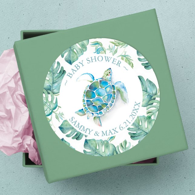 Adesivo Favor com Tartaruga Marinha e Folhagens em Aquarel (thank you sticker sea turtle baby shower)