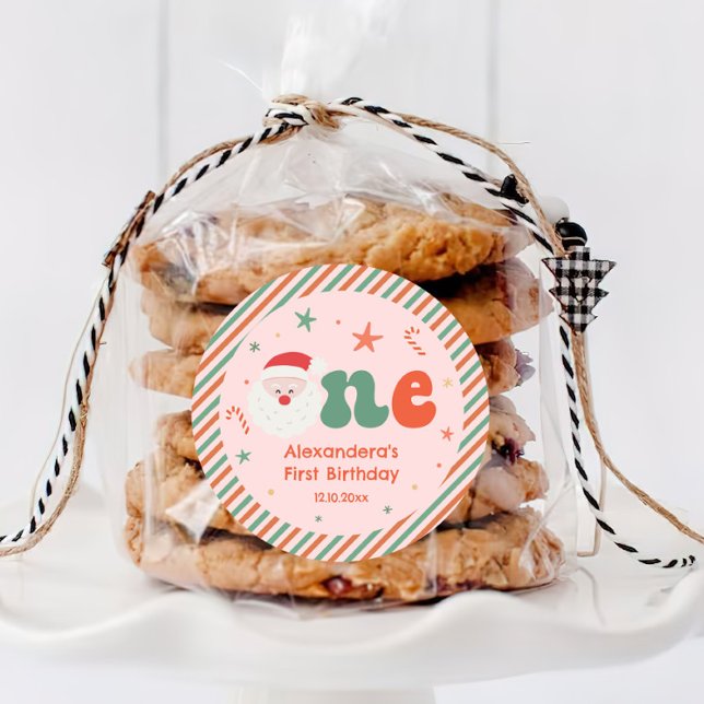 Adesivo Favor da Festa de aniversário de Natal Rosa 1rua (Criador carregado)