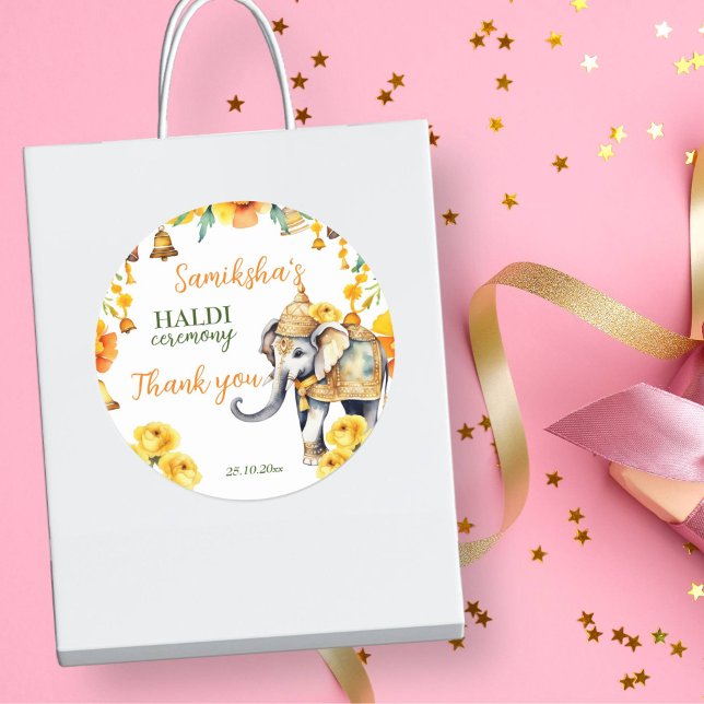 Adesivo Favor das flores amarelas do elefante do casamento (Haldi Indian wedding elephant favor gift thank you stickers modern watercolor elephant stickers)