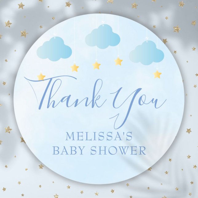 Adesivo Favor de agradecimento de chá de bebê menino azul  (Cute Blue Baby Boy Shower Thank You Favor Classic Round Sticker)