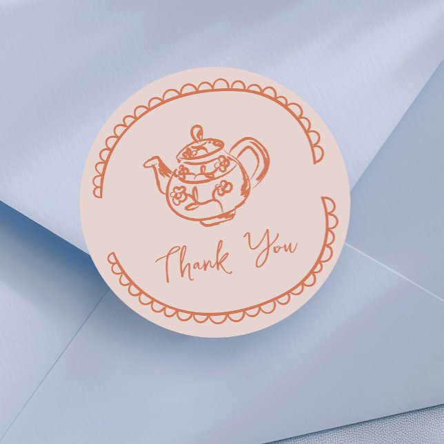 Adesivo Favor de Agradecimento Desenho de Bule de Chá (cute tea pot doodle thank you sticker in peach)