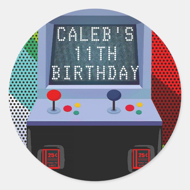 Adesivo Favor de Aniversário de Jogo de Vídeo de Arcade (Frente)