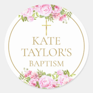 Adesivo Favor de Batismo ou Batizado com Rosa Rosa Floral