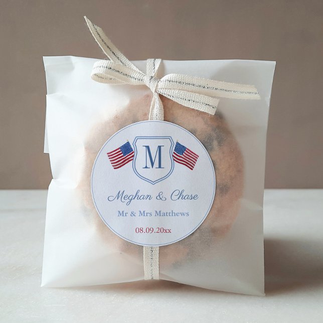 Adesivo Favor de casamento com monograma de bandeira ameri (Red White And Blue USA Flags Monogram Wedding Crest Favor Thank You Sticker )