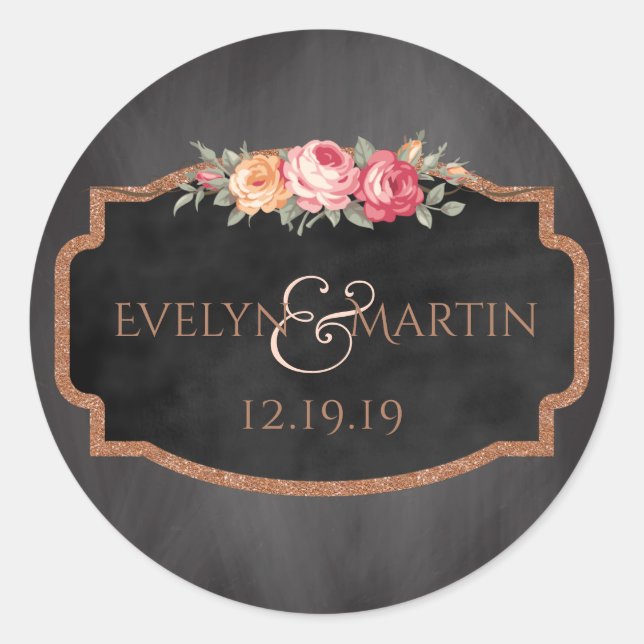 Adesivo Favor de Casamento de Chalkboard Floral com rosa D (Frente)