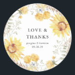 Adesivo Favor de Casamento de Girassol no Verão Tardio<br><div class="desc">Rústico girassol e folhagem de vassoura favorecem adesivos redondos.</div>