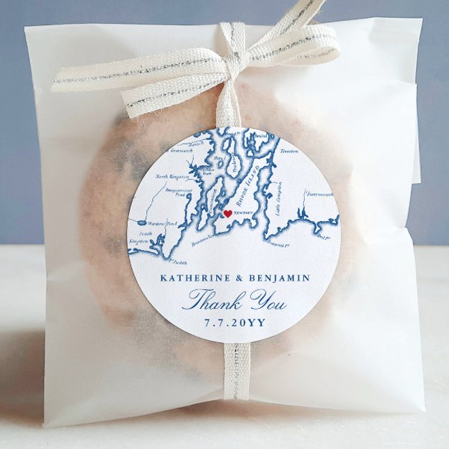 Adesivo Favor de Casamento do Marinho de Mapa da Ilha Newp (These round Newport, RI stickers are perfect for packaging your Rhode Island wedding favors)