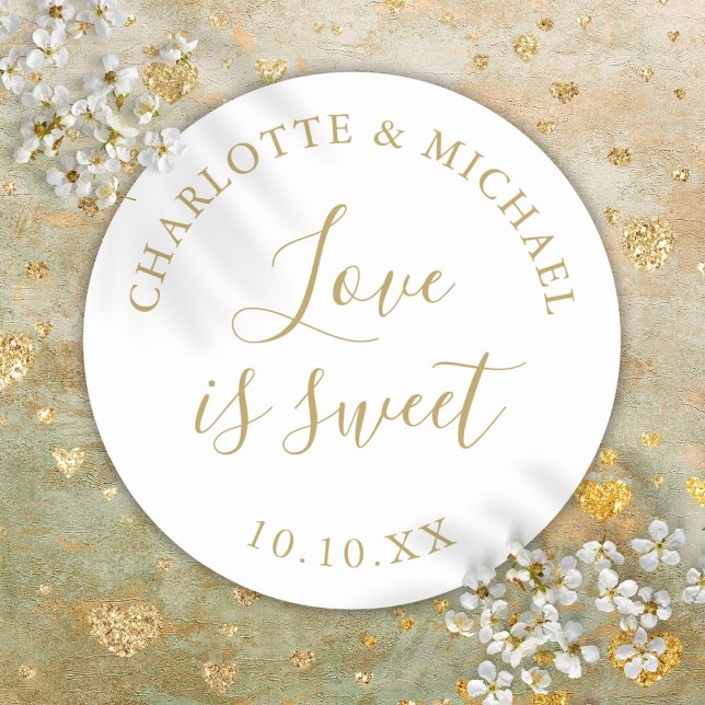 Adesivo Favor de casamento dourado O amor é doce (Gold Love Is Sweet Wedding Favor Classic Round Sticker)