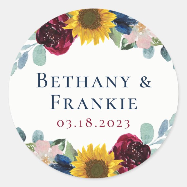 Adesivo Favor de Casamento Floral de Girassol Botânico (Frente)