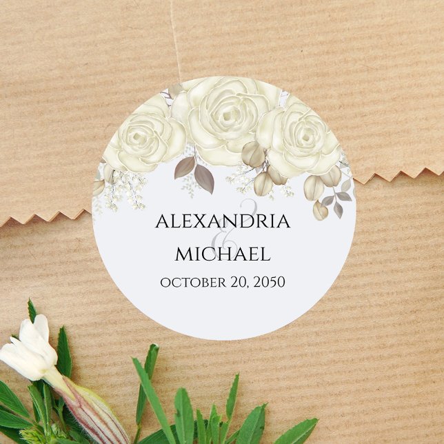 Adesivo Favor de Casamento Floral Elegante Personalizado (Light blue and roses wedding favor stickers.)