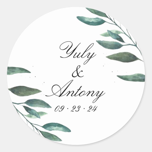 Adesivo Favor de Casamento Minimalista Elegante com Folhag (Frente)