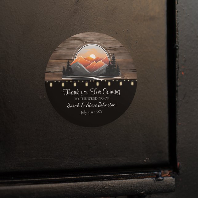Adesivo Favor de Casamento Sunset da Floresta Rustic Mount (Rustic Mountain Wedding Favor Sticker)