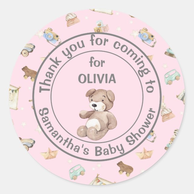 Adesivo Favor de Chá de Bebê Menina Rosa, Obrigada (Frente)