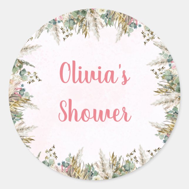 Adesivo Favor de Chá de Bebê Pink Boho Pampas & Floral (Frente)