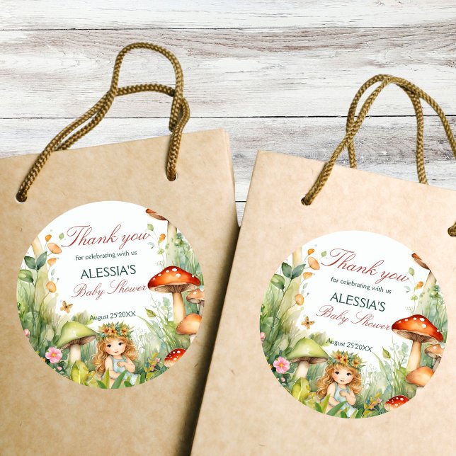 Adesivo Favor de chá de fraldas de fada de jardim entoado (Enchanted garden forest mushroom fairy baby shower thank you favor stickers earthy green natural)