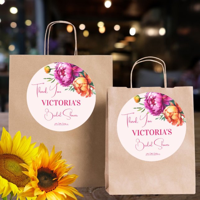 Adesivo Favor de chá de noiva floral rosa magenta pêssego (Pink magenta peach peonies spring summer floral bridal shower thank you favor sticker)