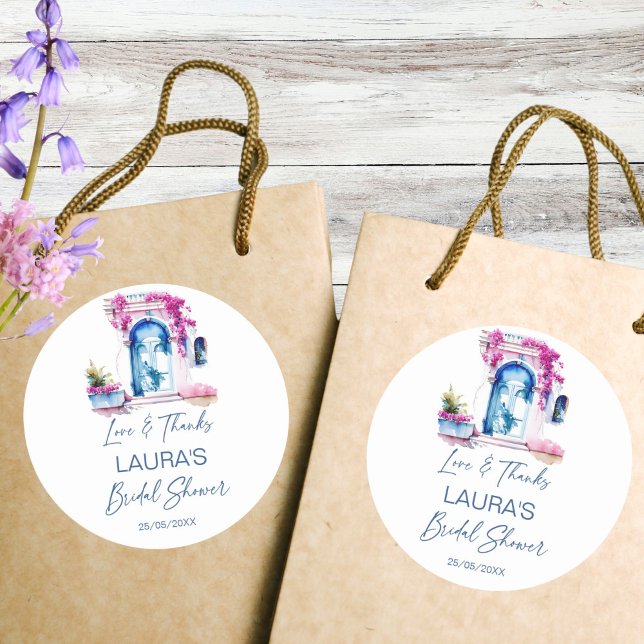 Adesivo Favor de chá de noiva mediterrâneo bougainvillea (Bougainvillea Mediterranean themed bridal shower thank you favor Sticker bridal shower favors pink)