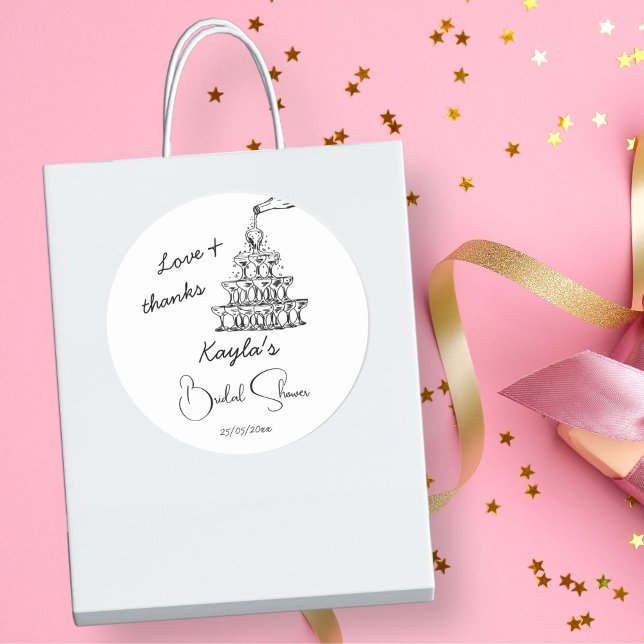 Adesivo Favor de chá de panela de torre de champanhe desen (Hand drawn scribble champagne tower black and white minimalist bridal shower thank you favor sticker)