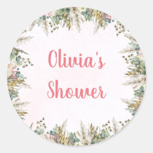 Adesivo Favor de Chás de Bebê Floral e Pampas Boho Rosa
