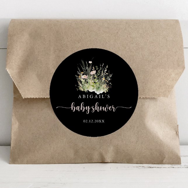 Adesivo Favor de Chuveirinho de Bebê Preto Boho Flores Sil (Criador carregado)