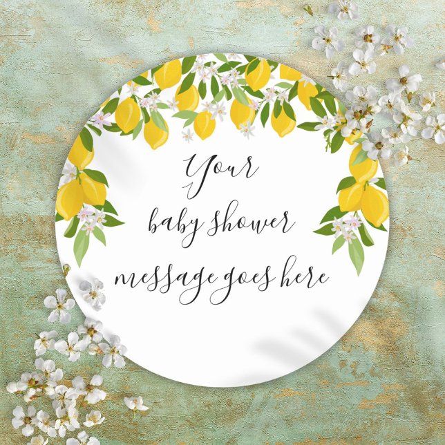 Adesivo Favor de Chuveiro de Bebê de Limões com Folhagem (Lemons Greenery Floral Baby Shower Favor Classic Round Sticker)
