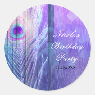 Adesivo Favor de festa Boho Glam roxo de pena de pavão