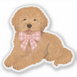 Adesivo Favor de festa com laço xadrez rosa Golden Doodle