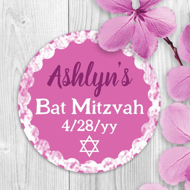 Adesivo Favor de festa de Bat Mitzvah personalizado Rosa B (pink violet, berry personalized bat mitzvah party favor sticker or invitation envelope seal, label)