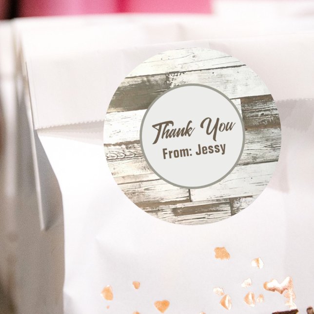 Adesivo Favor de festa rústico country western em madeira  (White barn wood rustic western country party favor classic round sticker)