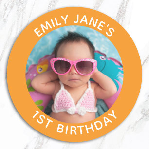 Adesivo Favor de Foto da Família Laranja para 1º Aniversár
