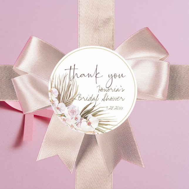Adesivo Favor de Orquídea Rosa Floral Seca Boho (Boho foliage and pale pink orchids for a modern bridal shower sticker label)