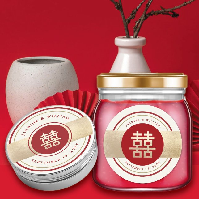 Adesivo Favor do Casamento Chinês de Felicidade Dupla Verm (Red/Gold Classic Circle Double Happiness Chinese Wedding Favor Round Sticker @ fatfatin_red_knot)