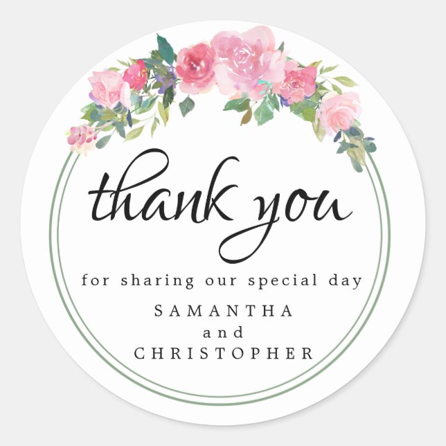 Adesivo Favor do Casamento Floral Rosa Moderno Obrigado (Frente)