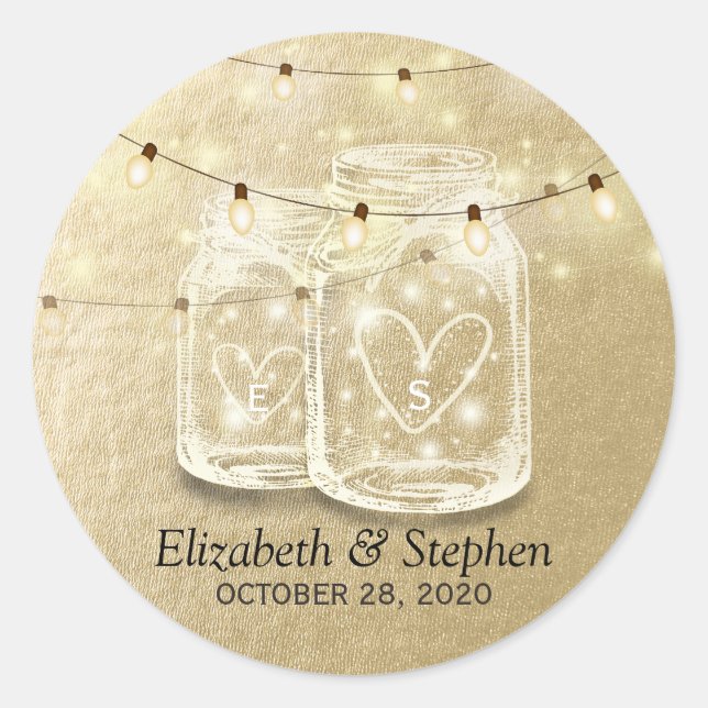 Adesivo Favor do Casamento Mason Jar String Luzes Gold Foi (Frente)