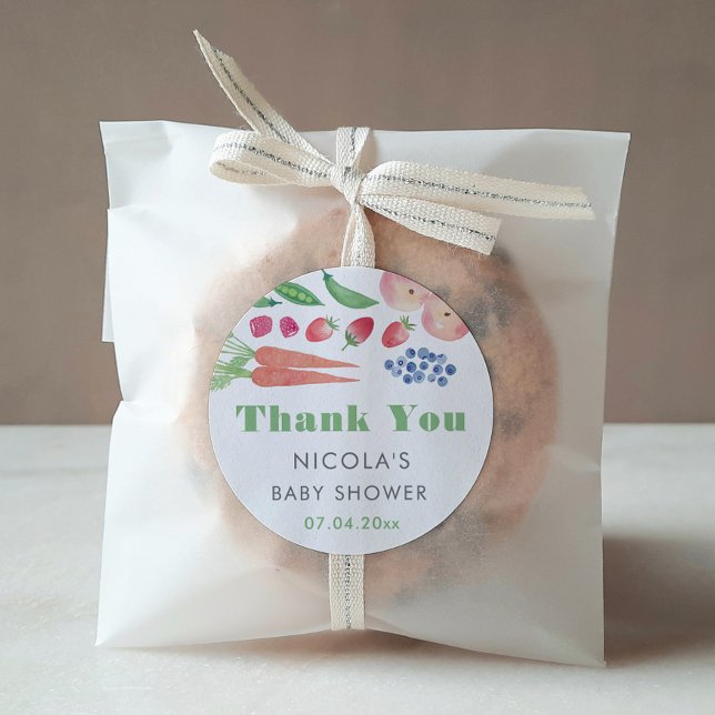 Adesivo Favor do Chá de fraldas de Mercado para Frutas de  (Farm to table theme thank you favor stickers for a gender neutral baby shower)