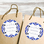 Adesivo Favor do chá de panela do Mediterrâneo azul francê<br><div class="desc">Blue Majolica mexicana Talavera azulejo espanhola chá de panela mediterrânica espanhola imprimiu obrigado para você favorecer os adesivos modelo. Azulejos de aquarela modernos cores azuis com letra moderna de escrita manual personalizada adesivos de presente</div>