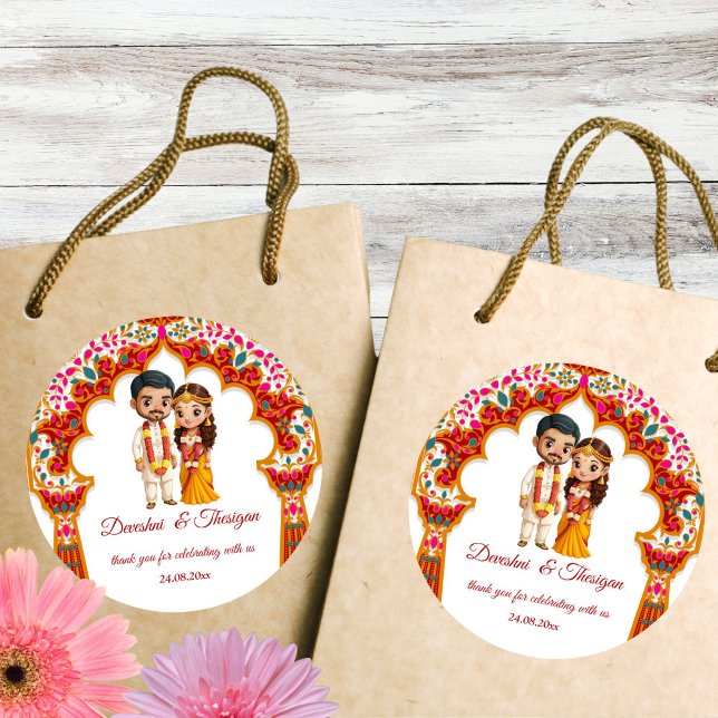 Adesivo Favor do doce caricatura do casamento da Índia do  (Tamil South Indian wedding cute caricature bridal couple thank you favor Sticker)