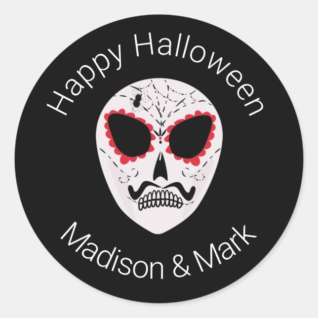 Adesivo Favor do Halloween do Crânio do Açúcar (Frente)