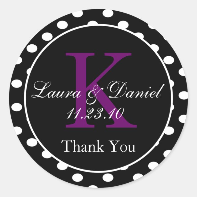 Adesivo Favor do Monograma de Bolinhas Púrpura, preto-bran (Frente)