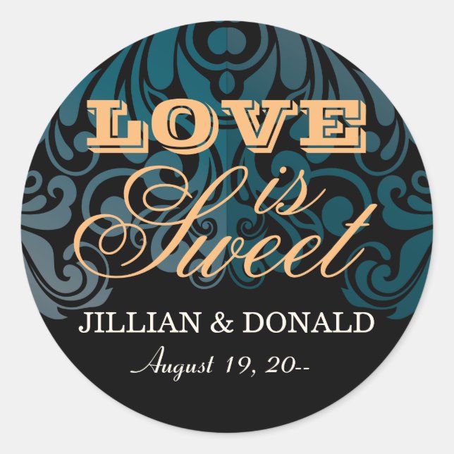 Adesivo Favor do Monograma do Zircon Damasco Negro Elegant (Frente)